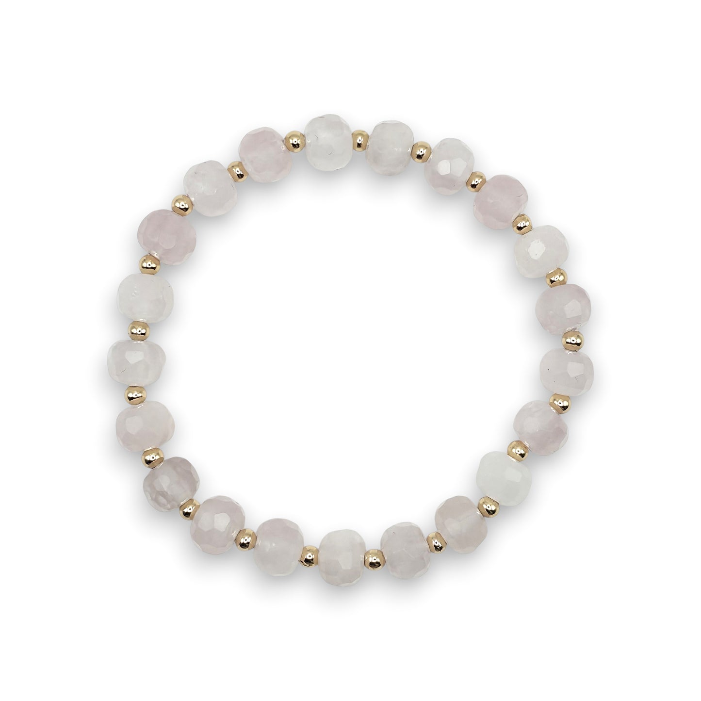 A beaded stretch bracelet featuring faceted pale pink Rose Quartz beads separated by small gold spacer beads, displayed on a clean white background.