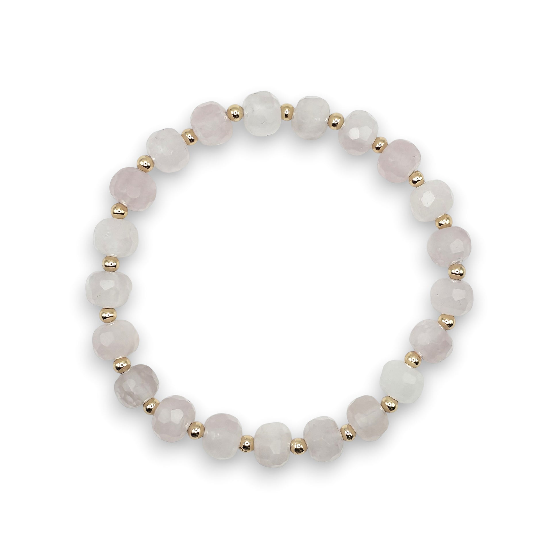 A beaded stretch bracelet featuring faceted pale pink Rose Quartz beads separated by small gold spacer beads, displayed on a clean white background.