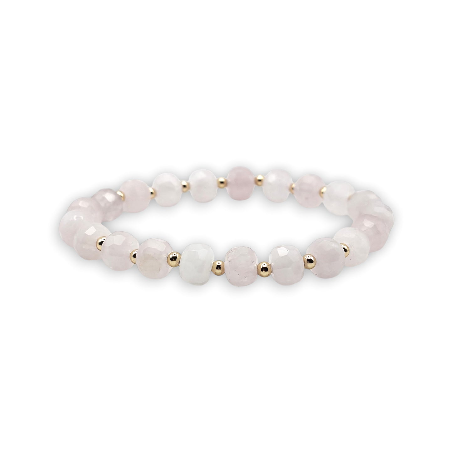 A beaded stretch bracelet featuring faceted pale pink Rose Quartz beads separated by small gold spacer beads, displayed on a clean white background.