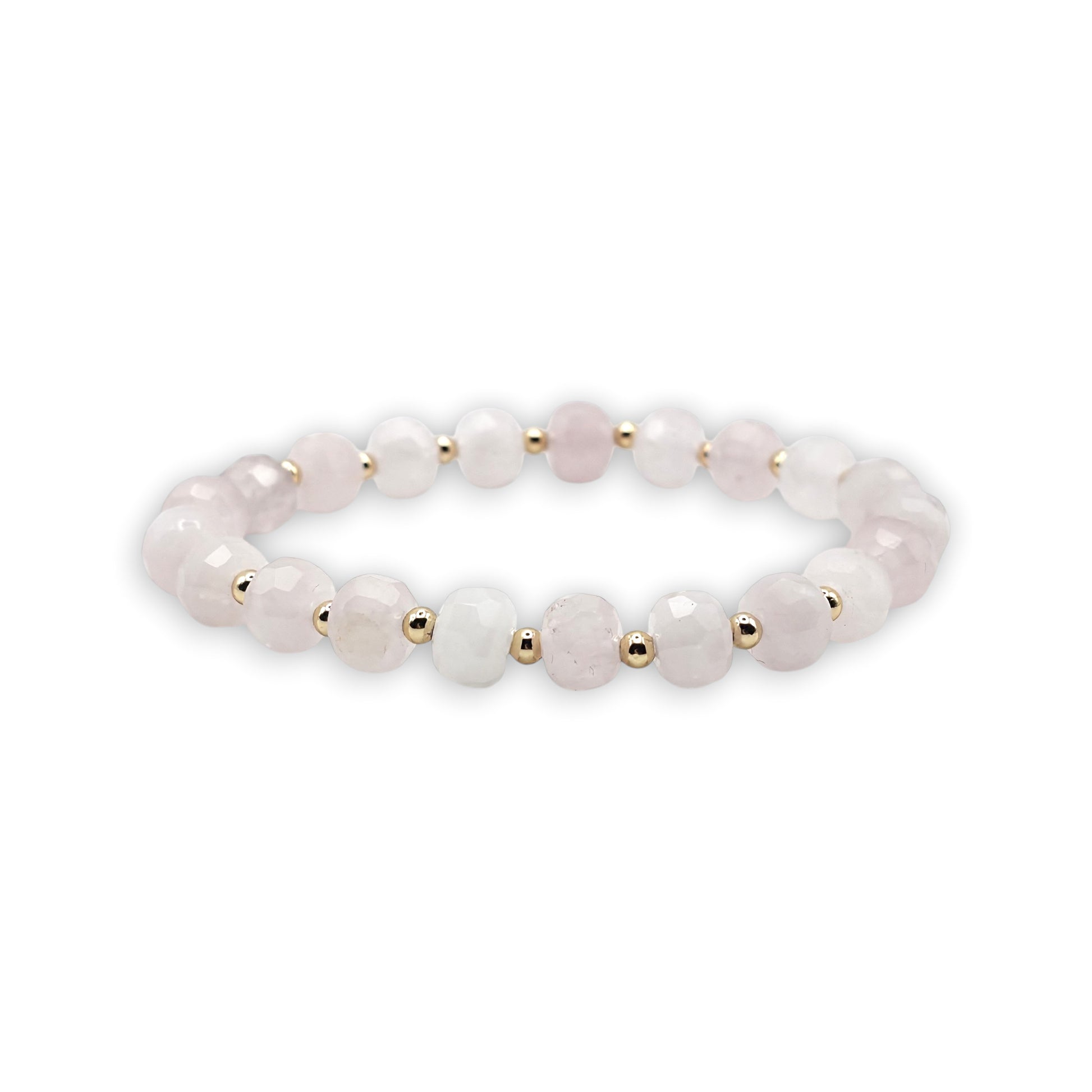 A beaded stretch bracelet featuring faceted pale pink Rose Quartz beads separated by small gold spacer beads, displayed on a clean white background.
