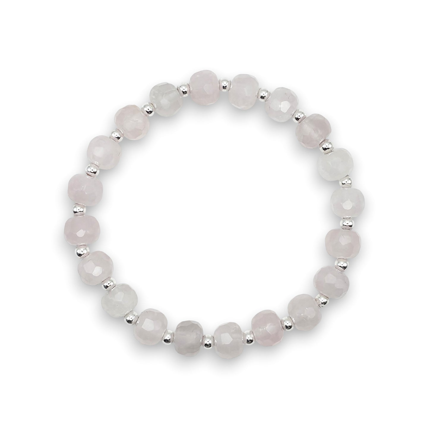 A beaded stretch bracelet featuring faceted pale pink Rose Quartz beads separated by small silver spacer beads, displayed on a clean white background.