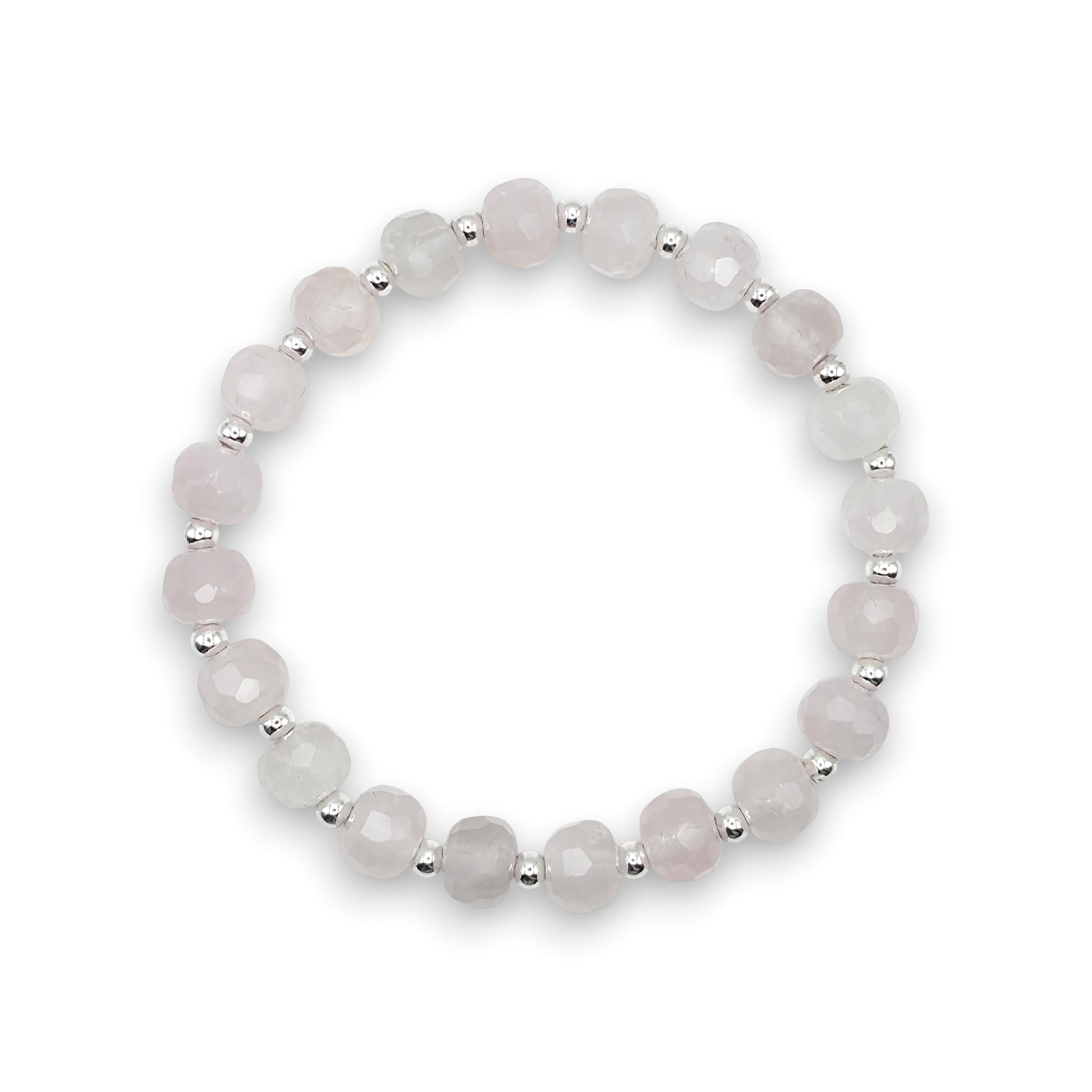 A beaded stretch bracelet featuring faceted pale pink Rose Quartz beads separated by small silver spacer beads, displayed on a clean white background.