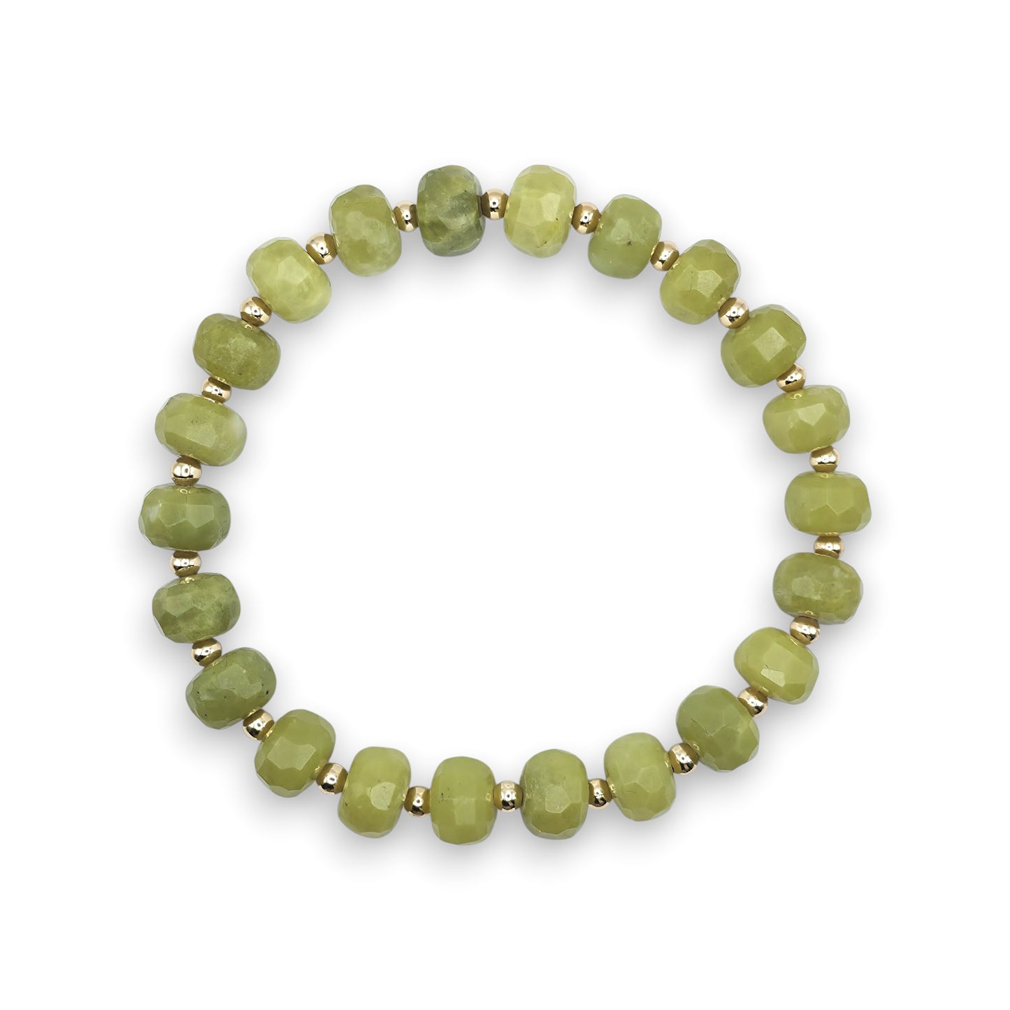 A beaded stretch bracelet featuring faceted green Serpentine beads separated by small gold metallic spacers, displayed on a clean white background.