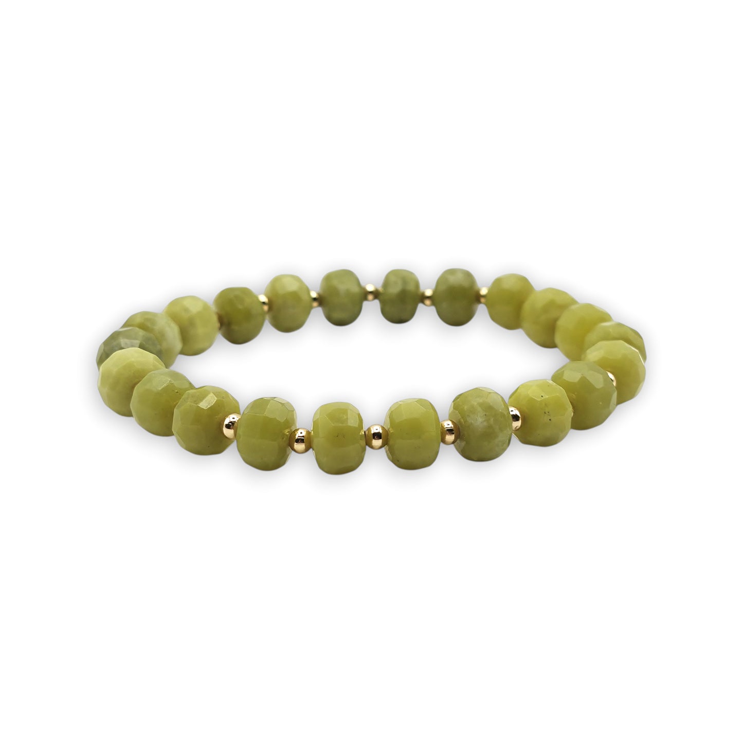 A beaded stretch bracelet featuring faceted green Serpentine beads separated by small gold metallic spacers, displayed on a clean white background.
