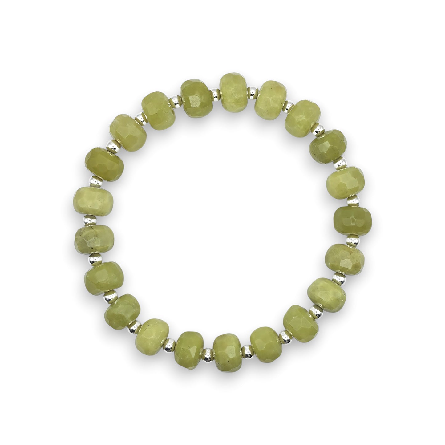 A beaded stretch bracelet featuring faceted green Serpentine beads separated by small silver metallic spacers, displayed on a clean white background.