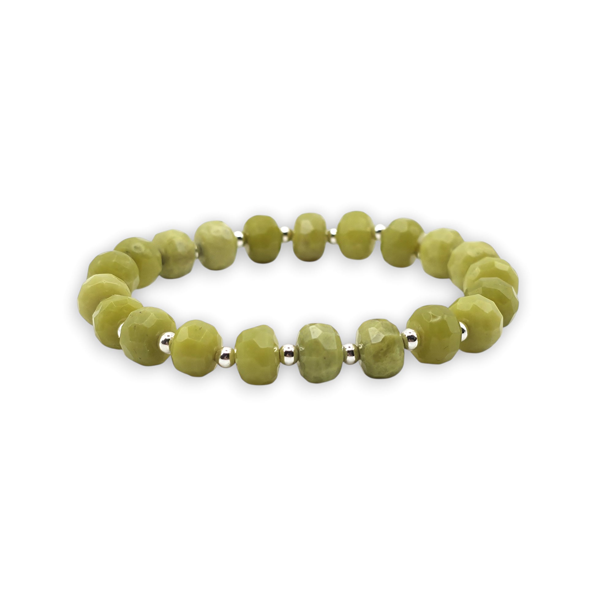 A beaded stretch bracelet featuring faceted green Serpentine beads separated by small silver metallic spacers, displayed on a clean white background.