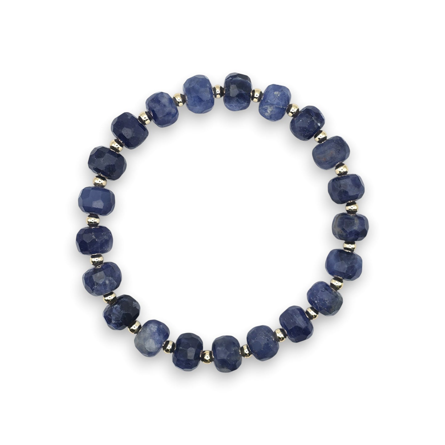A beaded stretch bracelet made of blue Sodalite faceted beads separated by small gold spacer beads, shown on a plain white background.