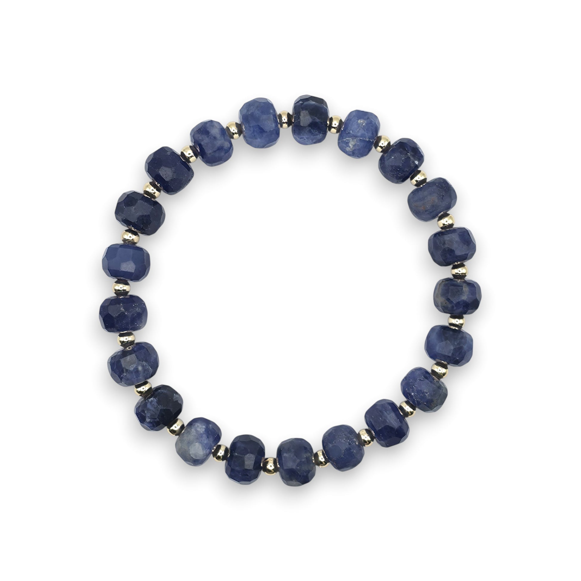 A beaded stretch bracelet made of blue Sodalite faceted beads separated by small gold spacer beads, shown on a plain white background.