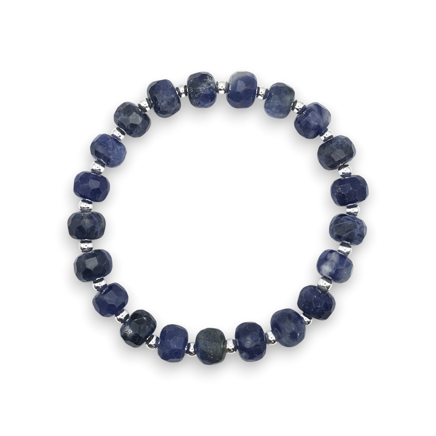 A beaded stretch bracelet made of blue Sodalite faceted beads separated by small silver spacer beads, shown on a plain white background.