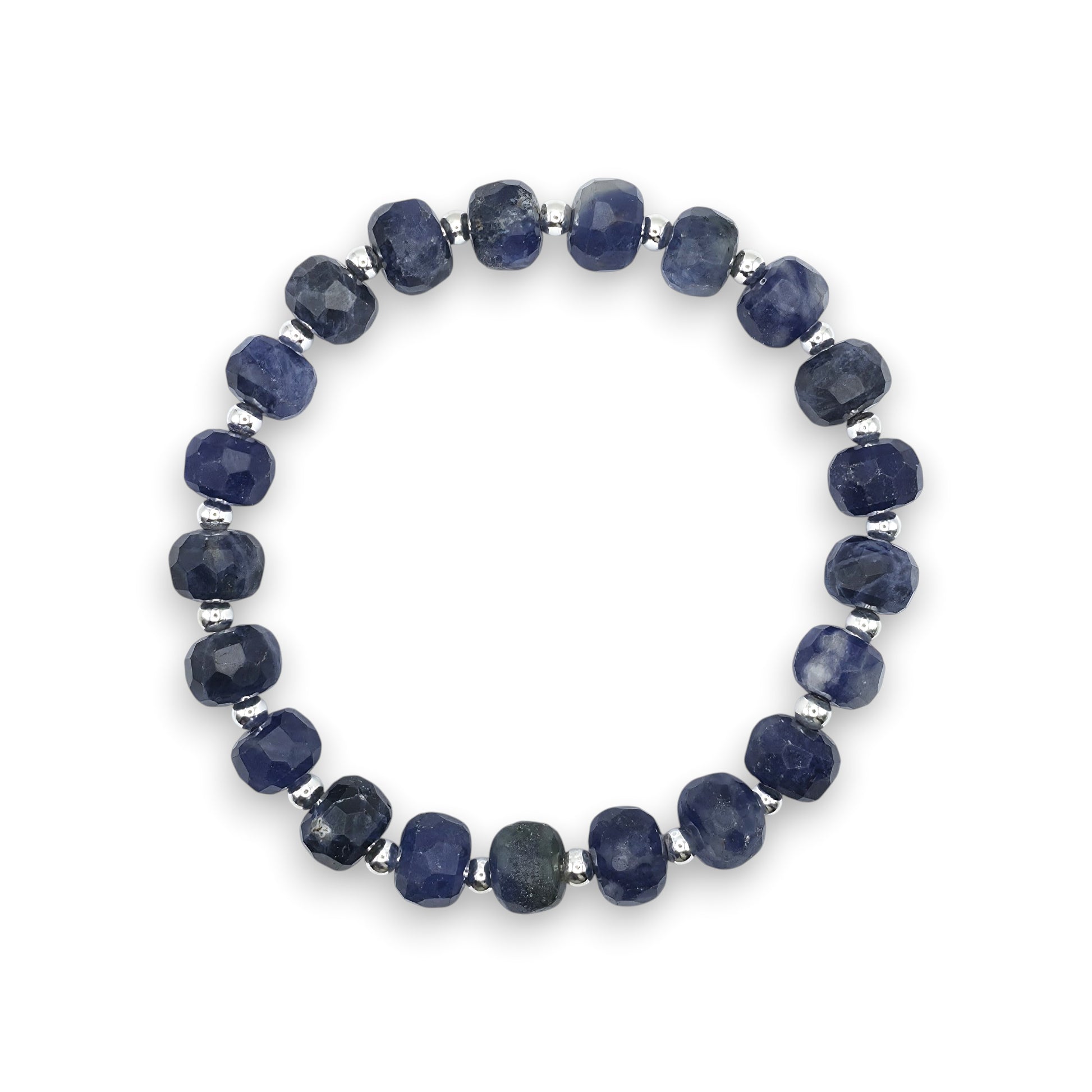 A beaded stretch bracelet made of blue Sodalite faceted beads separated by small silver spacer beads, shown on a plain white background.