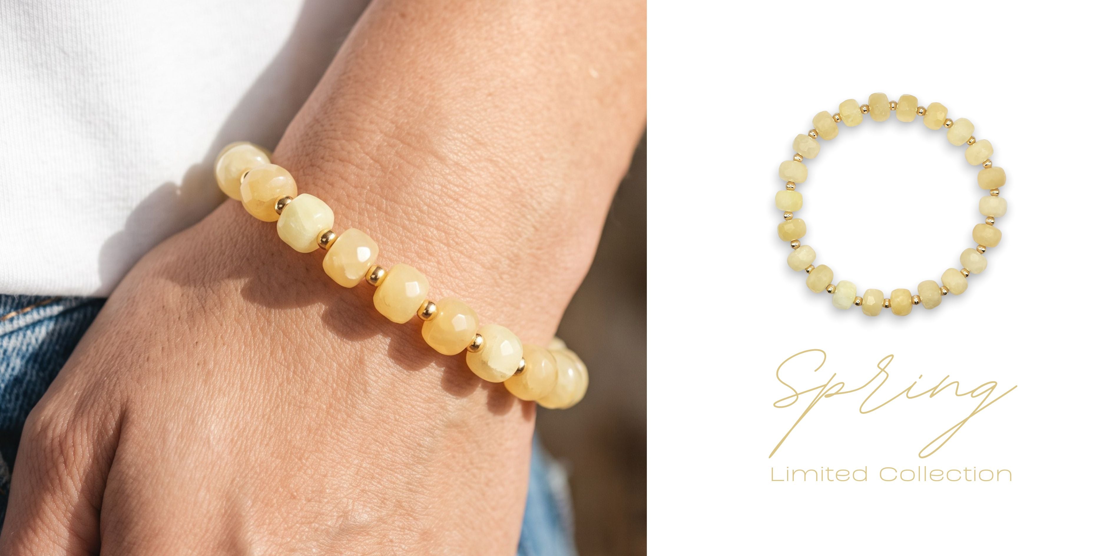 A split image showing a beaded stretch bracelet worn on a person's wrist on the left, and the same bracelet displayed as a product shot on a white background on the right. The right side includes the text 'Spring Limited Collection' in gold script.