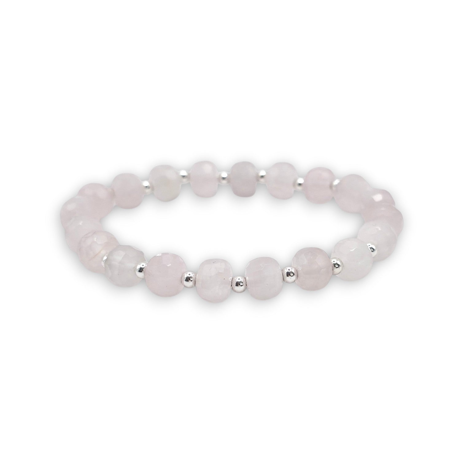 A beaded stretch bracelet featuring faceted pale pink Rose Quartz beads separated by small silver spacer beads, displayed on a clean white background.