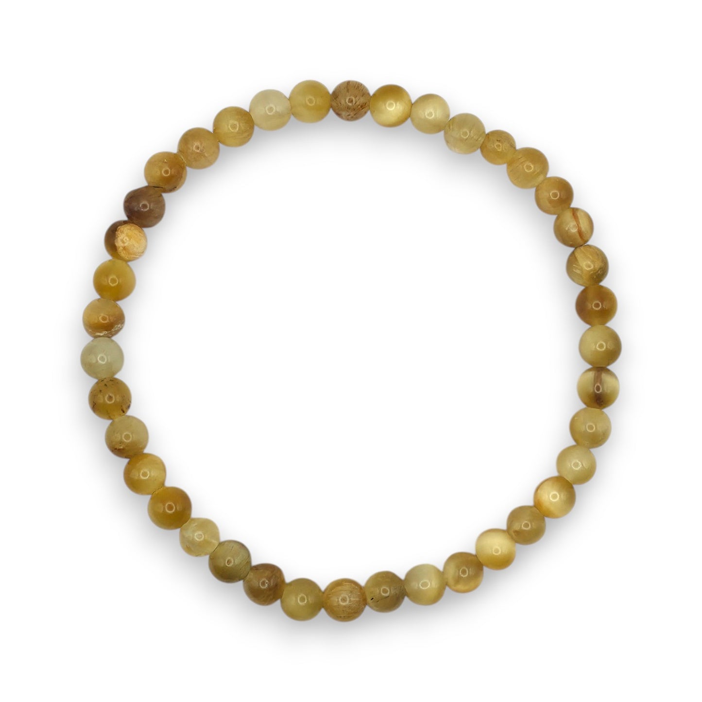 A beaded stretch bracelet made of round, polished stone beads in shades of golden yellow, on a white background.