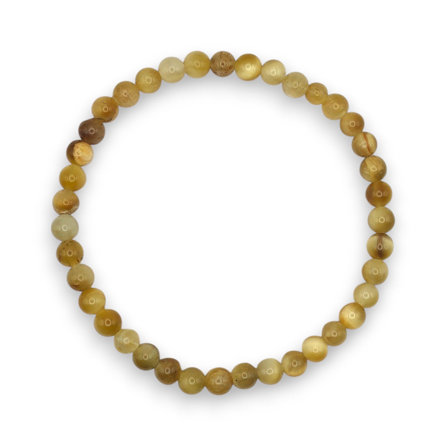 A beaded stretch bracelet made of round, polished stone beads in shades of golden yellow, on a white background.