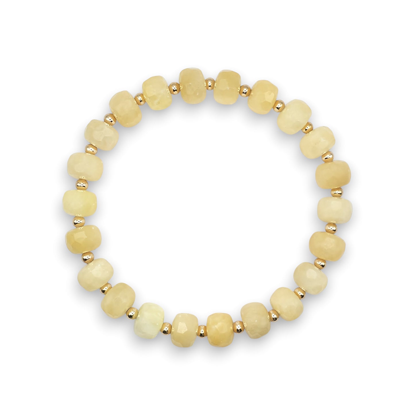 A stretch bracelet made of faceted Yellow Calcite beads separated by small gold spacer beads, shown on a plain white background.