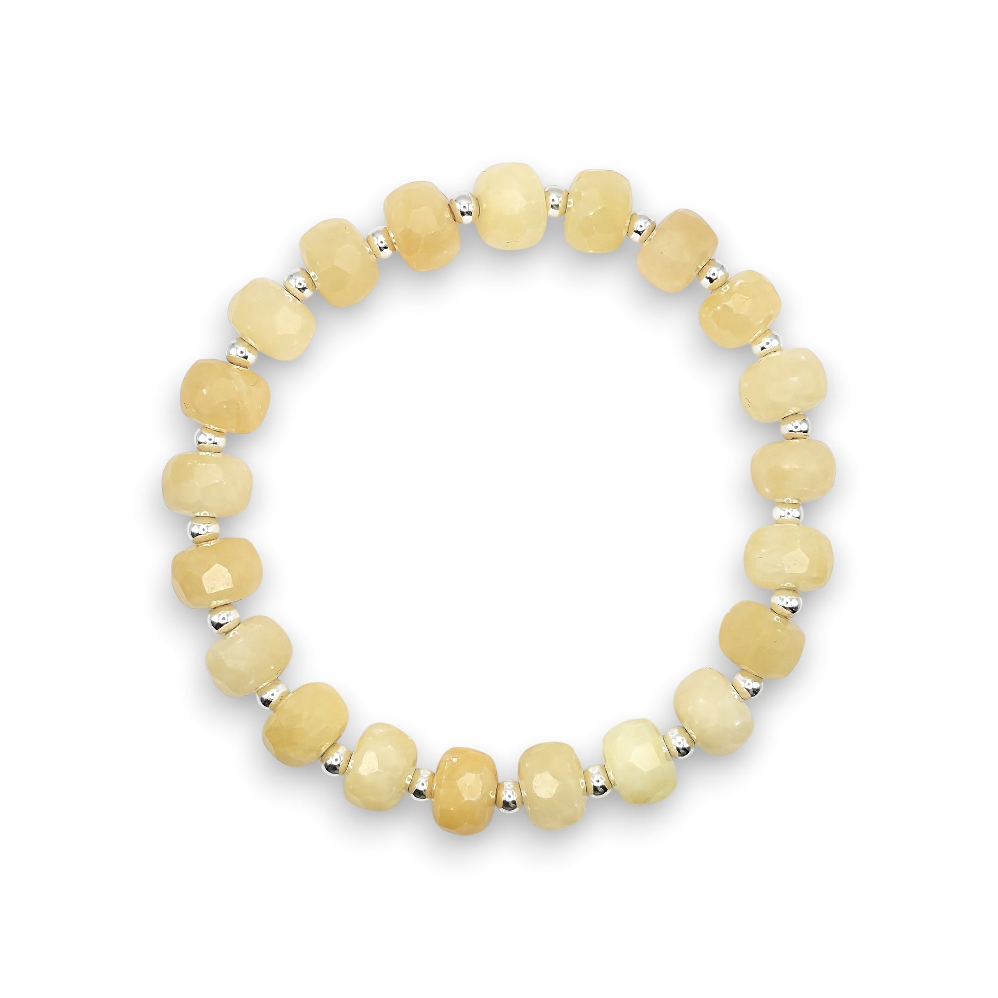 A stretch bracelet made of faceted Yellow Calcite beads separated by small silver spacer beads, shown on a plain white background.