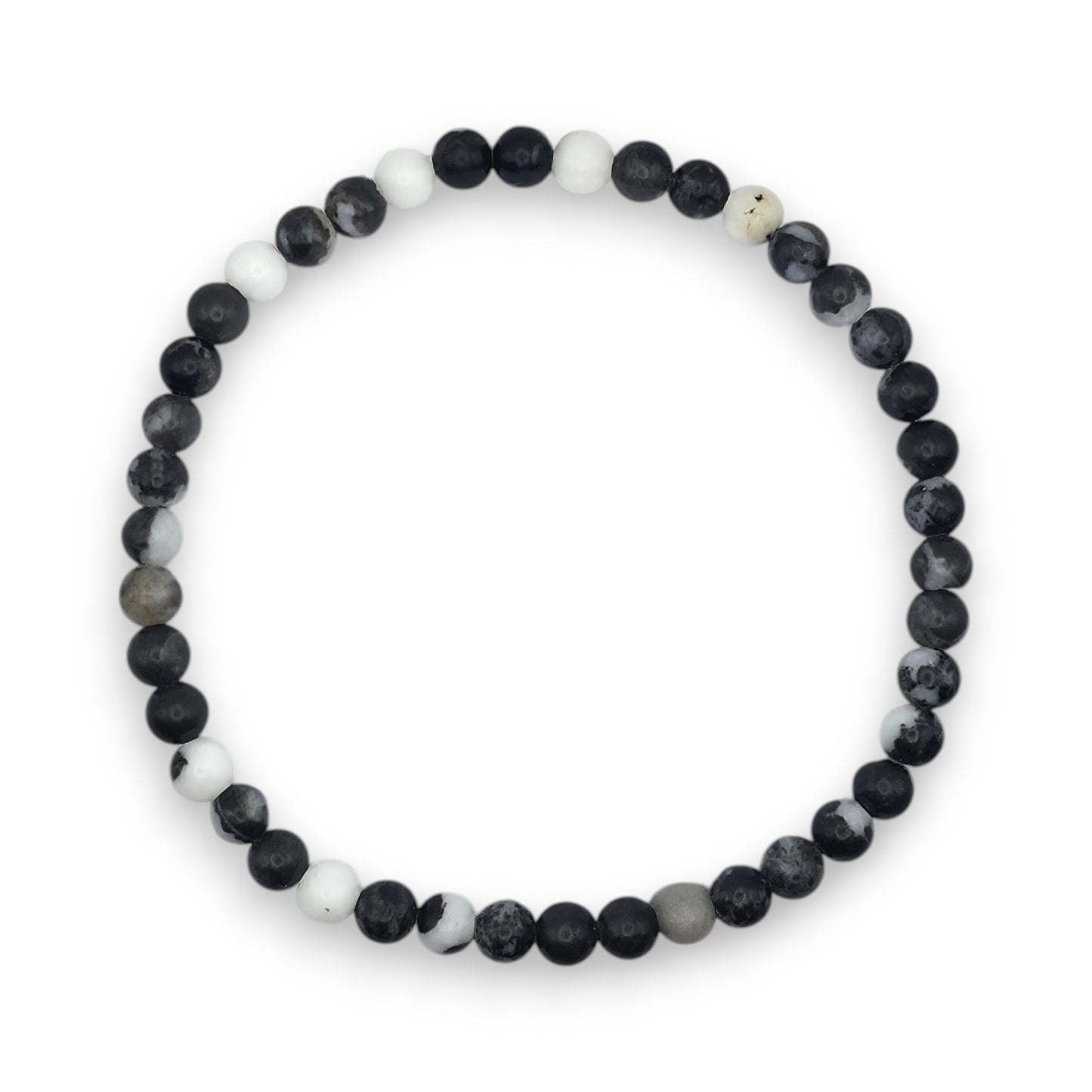 A beaded stretch bracelet made of black and polished white marbled beads, displayed on a clean white background.