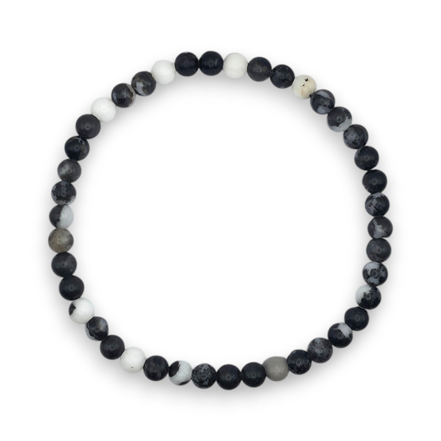 A beaded stretch bracelet made of black and polished white marbled beads, displayed on a clean white background.