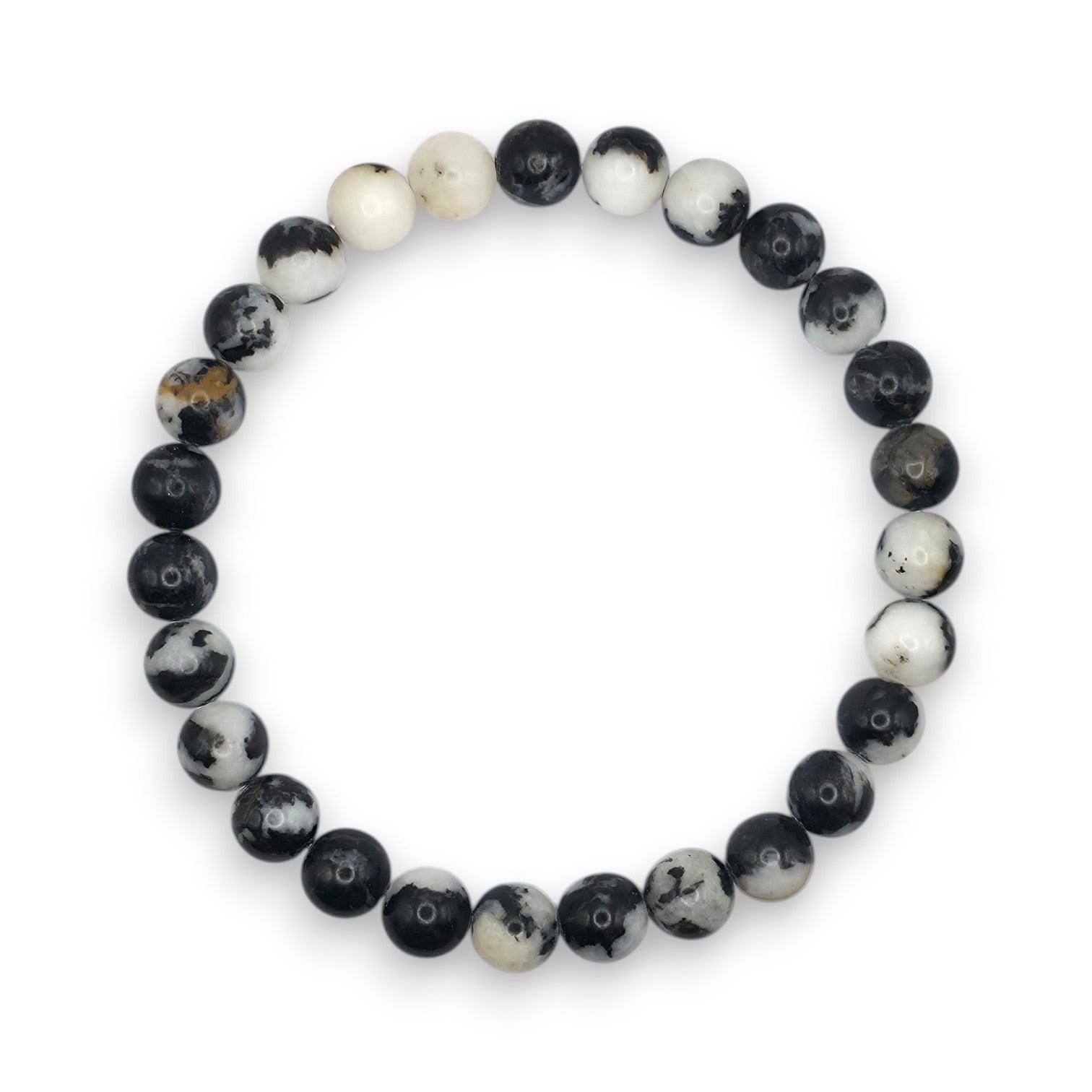 A beaded stretch bracelet made of round black and white marbled gemstone beads, displayed on a clean white background.