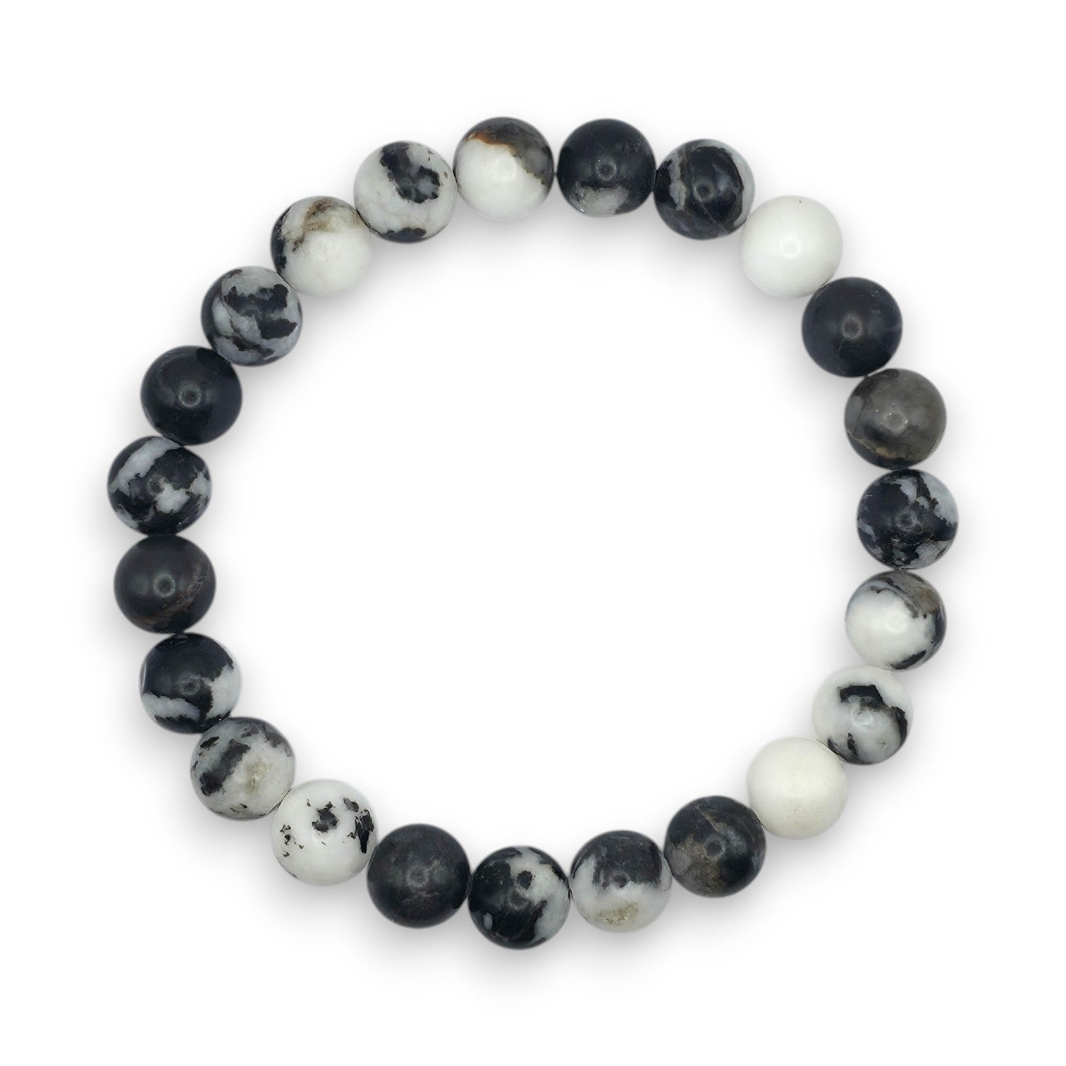 A beaded stretch bracelet made of black and white marbled round beads, displayed on a clean white background.